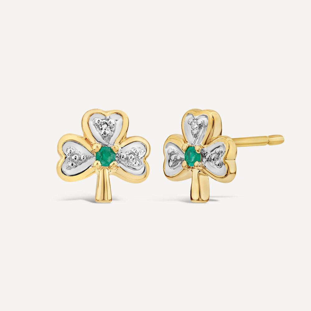14ct Yellow Gold Diamond & Emerald Shamrock Stud Earrings