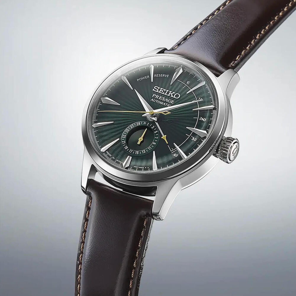 Seiko Presage Cocktail Time ‘Mockingbird’ 40.5mm Green Dial Brown Strap Watch image number 2