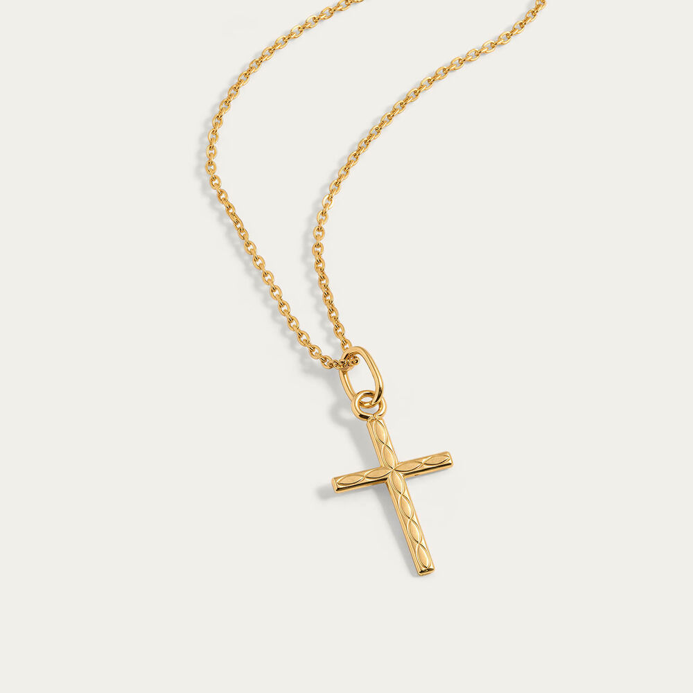 Yellow Gold Plated Sterling Silver Patterned Cross Pendant (Chain Included)