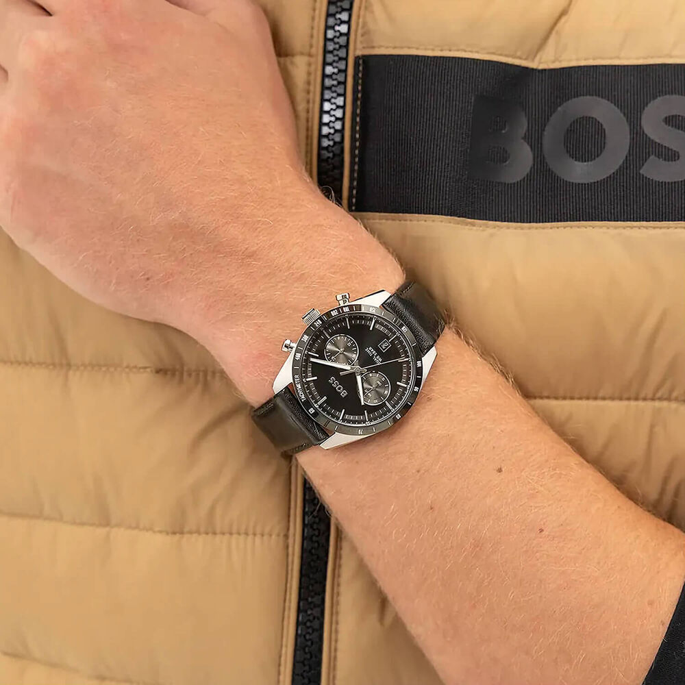 BOSS Tourmaster 41mm Black Dial Black Leather Strap Watch image number 3