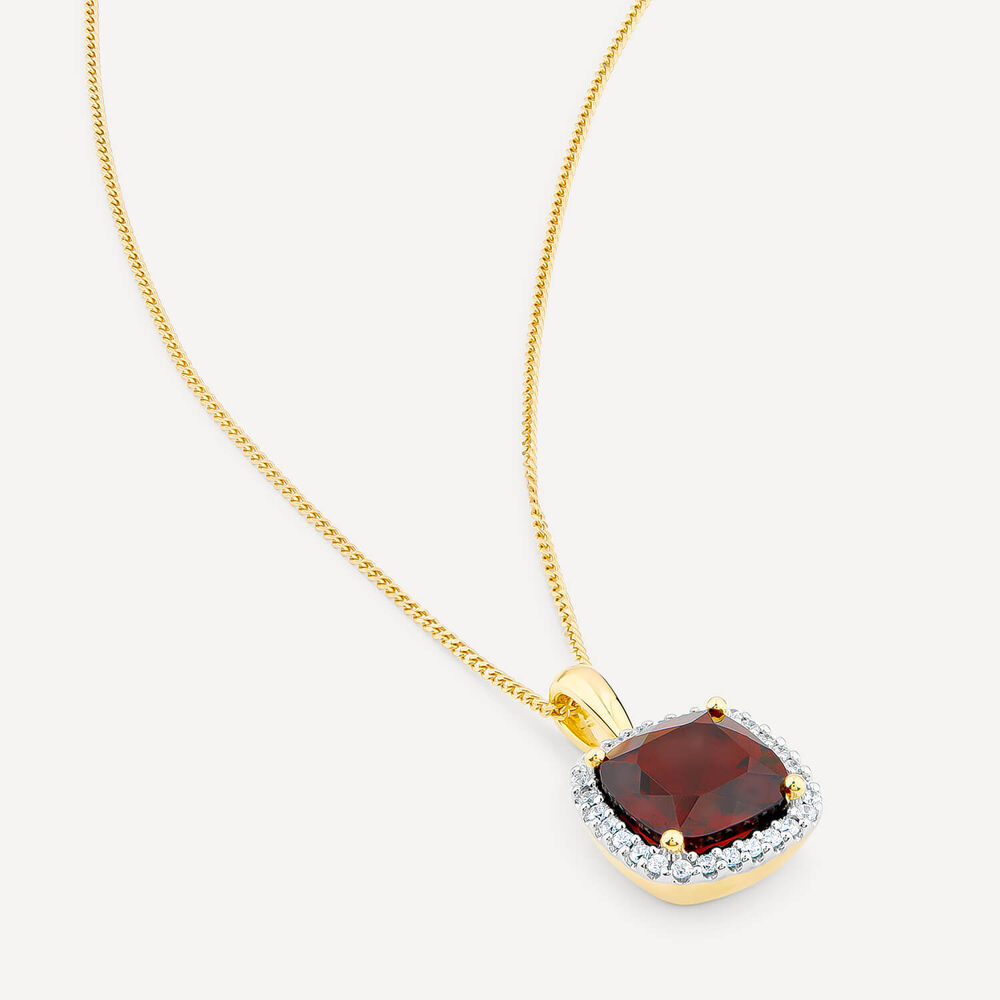 9ct Yellow Gold Cushion Garnet & 0.15ct Diamond Pendant image number 3