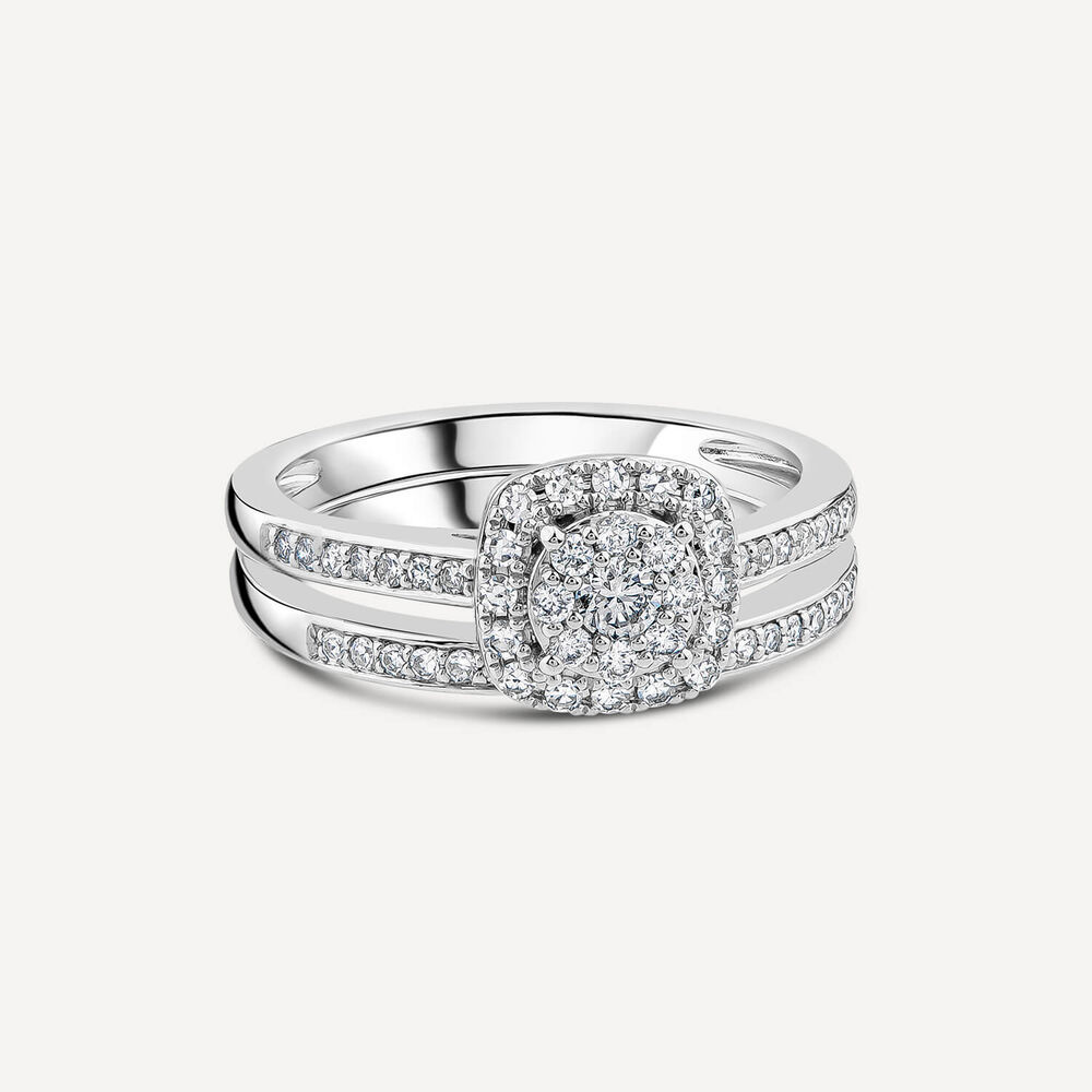 9ct White Gold 0.45ct Square Cluster Halo & Diamond Shoulders Bridal Set image number 4