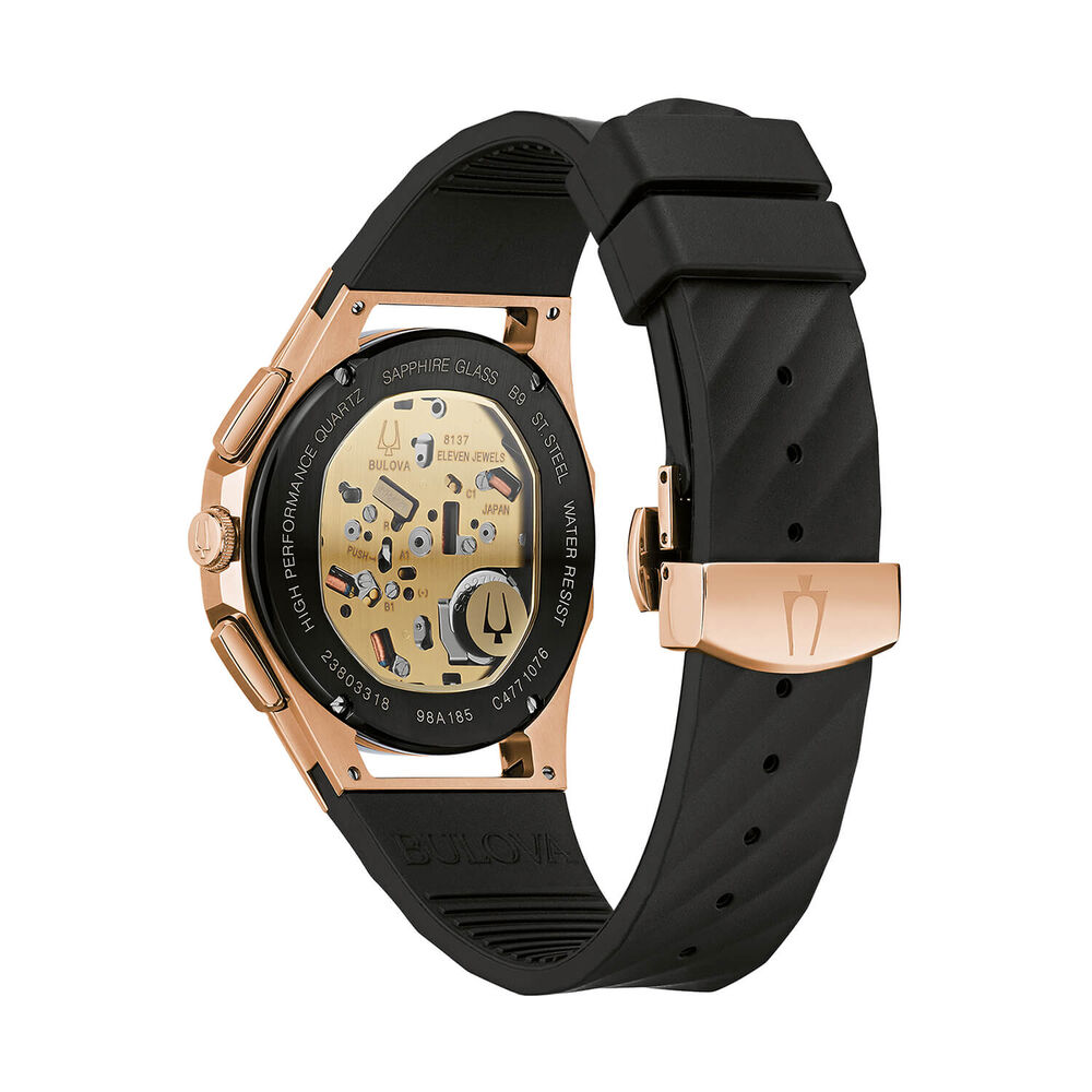 Bulova Curv 44mm Quartz Rose Gold Pvd Black Rubber Strap Watch