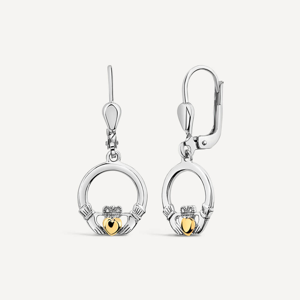 Solvar 9ct Yellow Gold & Sterling Silver Claddagh Earrings image number 1