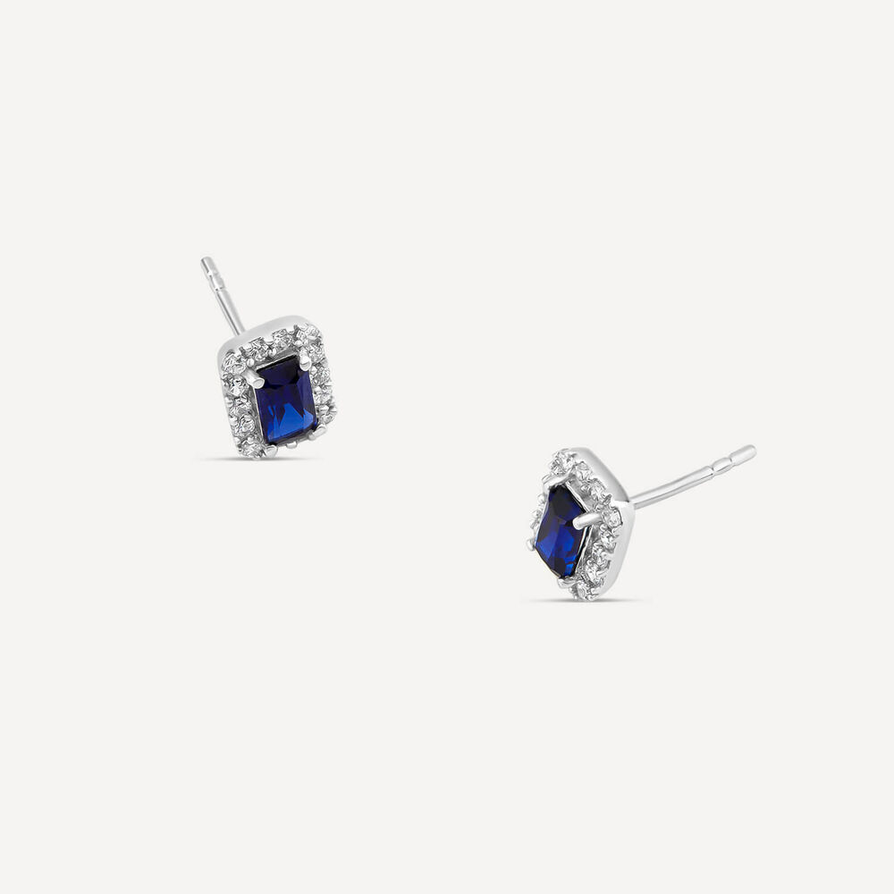 9ct White Gold Rectangular Created Sapphire & Cubic Zirconia Frame Stud Earrings