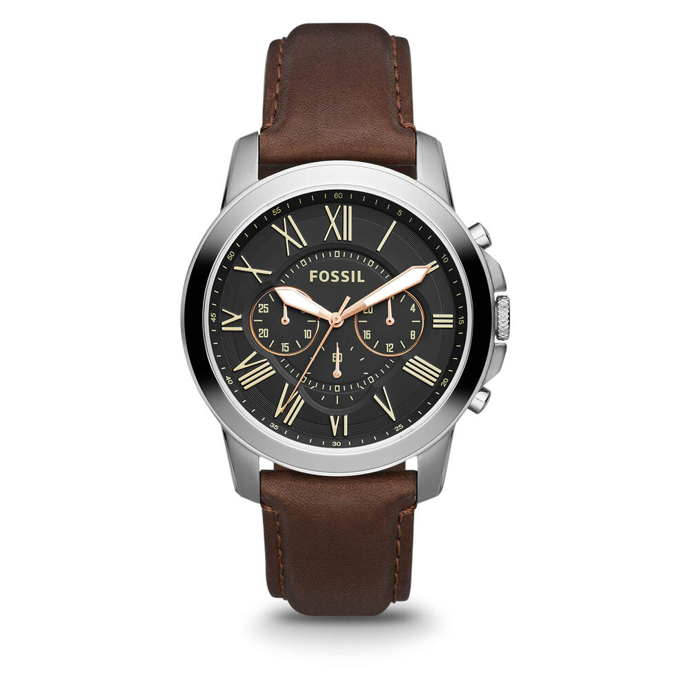 Fossil Grant Black Dial Rose Gold Roman Numerals Chronograph Brown Strap Watch image number 0