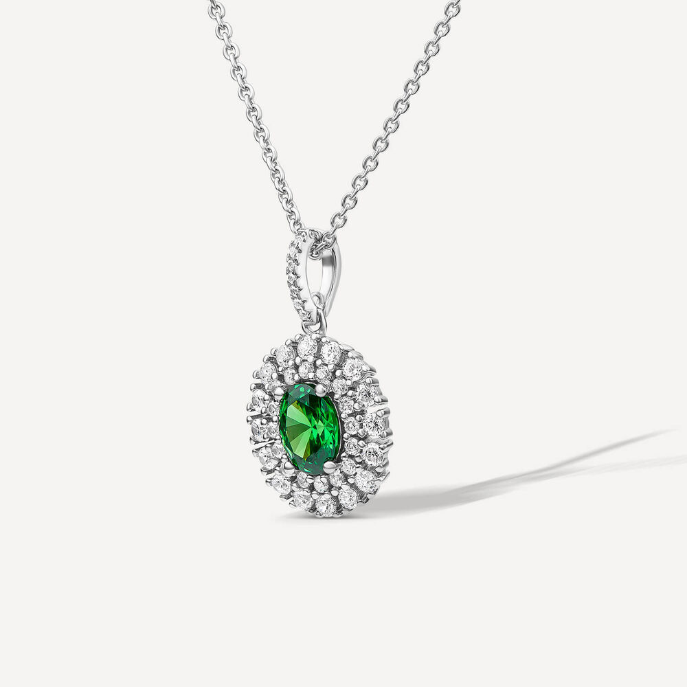 Sterling Silver Green & White Cubic Zirconia Double Halo Pendant