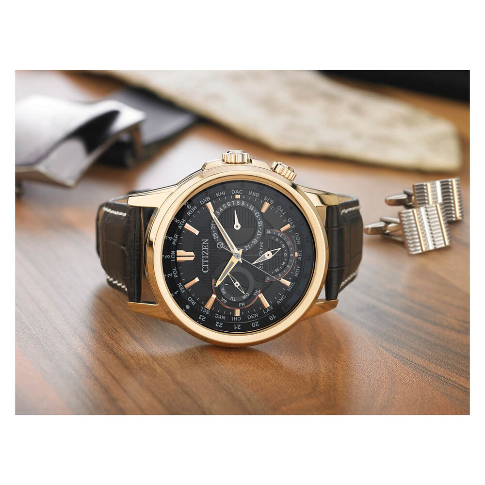 Citizen Eco Drive Calendrier World Time Black & Rose Gold Chronograph Dial Leather Brown Strap Watch image number 2