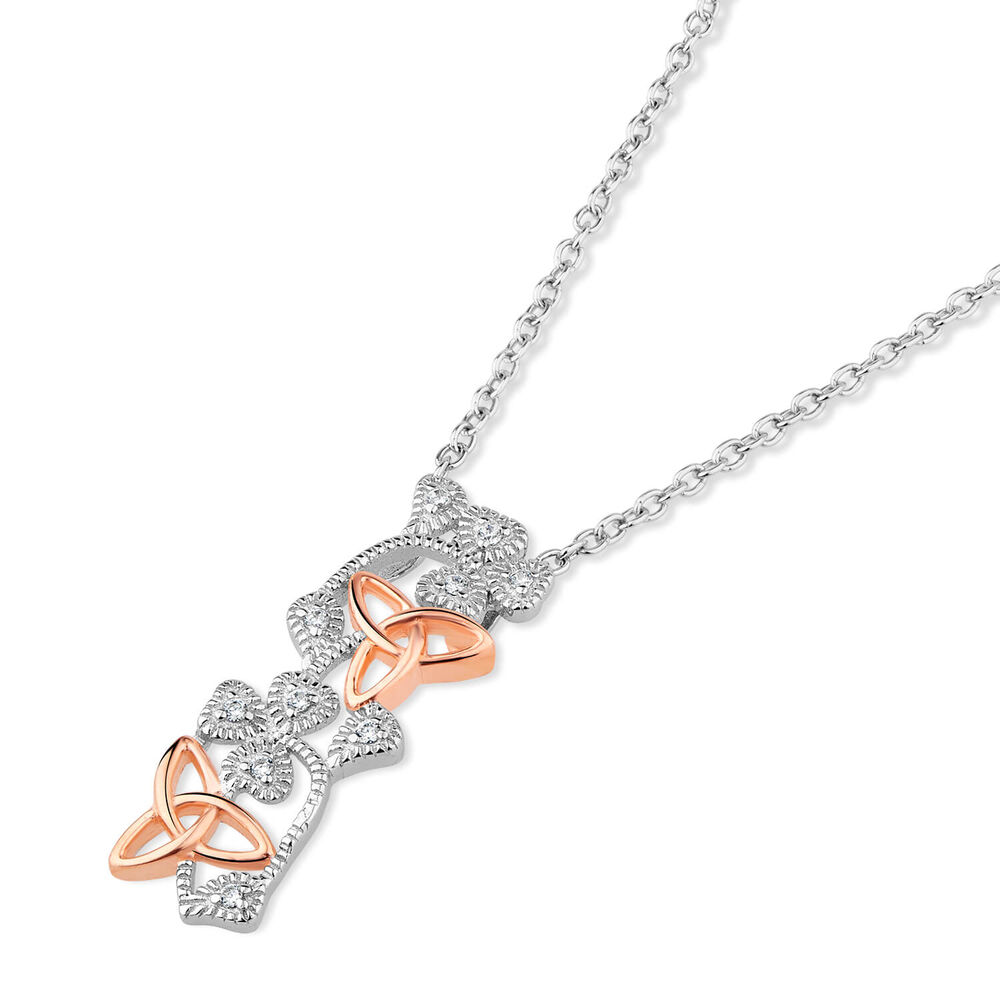 Silver Rose Plated Cubic Zirconia Shamrock And Trinity Knot Pendant