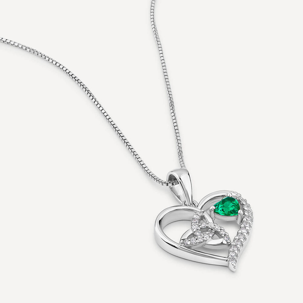Sterling Silver Green & White Cubic Zirconia Trinity Knot Heart Shaped Pendant image number 2