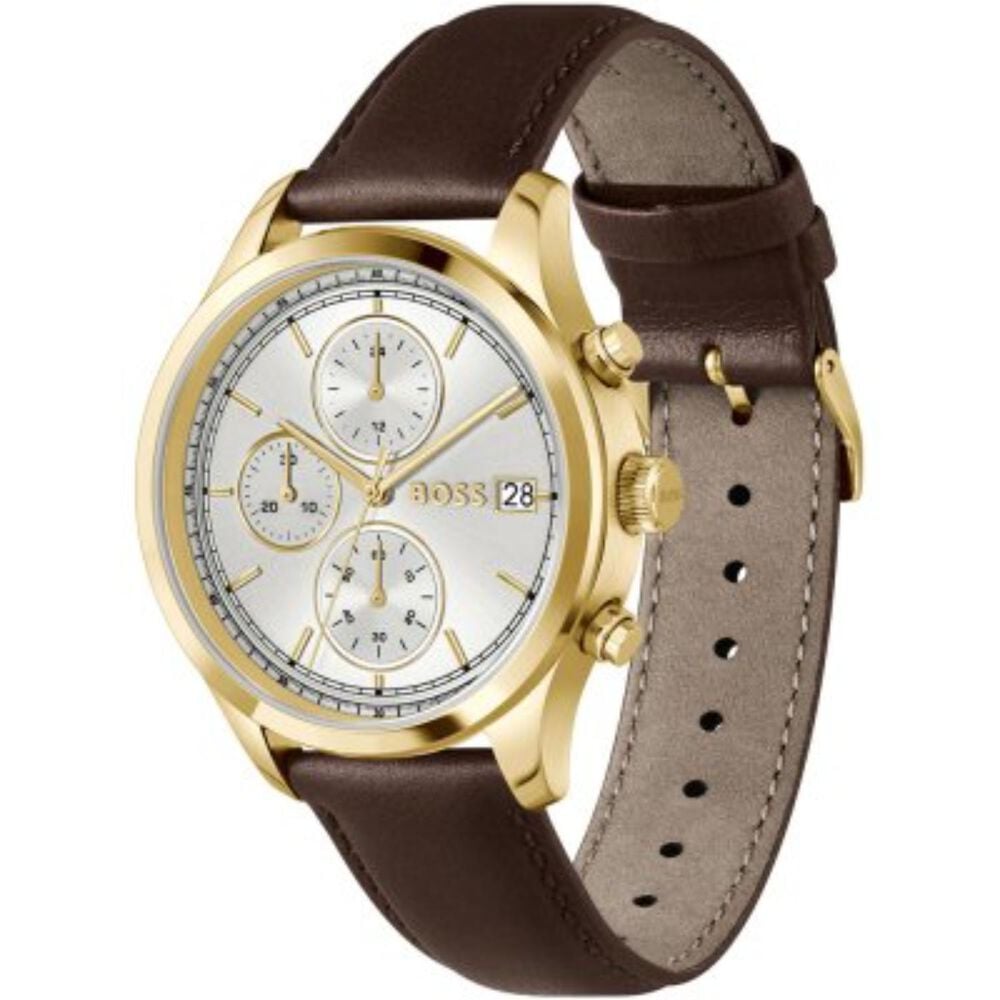 BOSS Stratus 41mm Silver Dial Brown Leather Strap Chronograph Watch image number 1