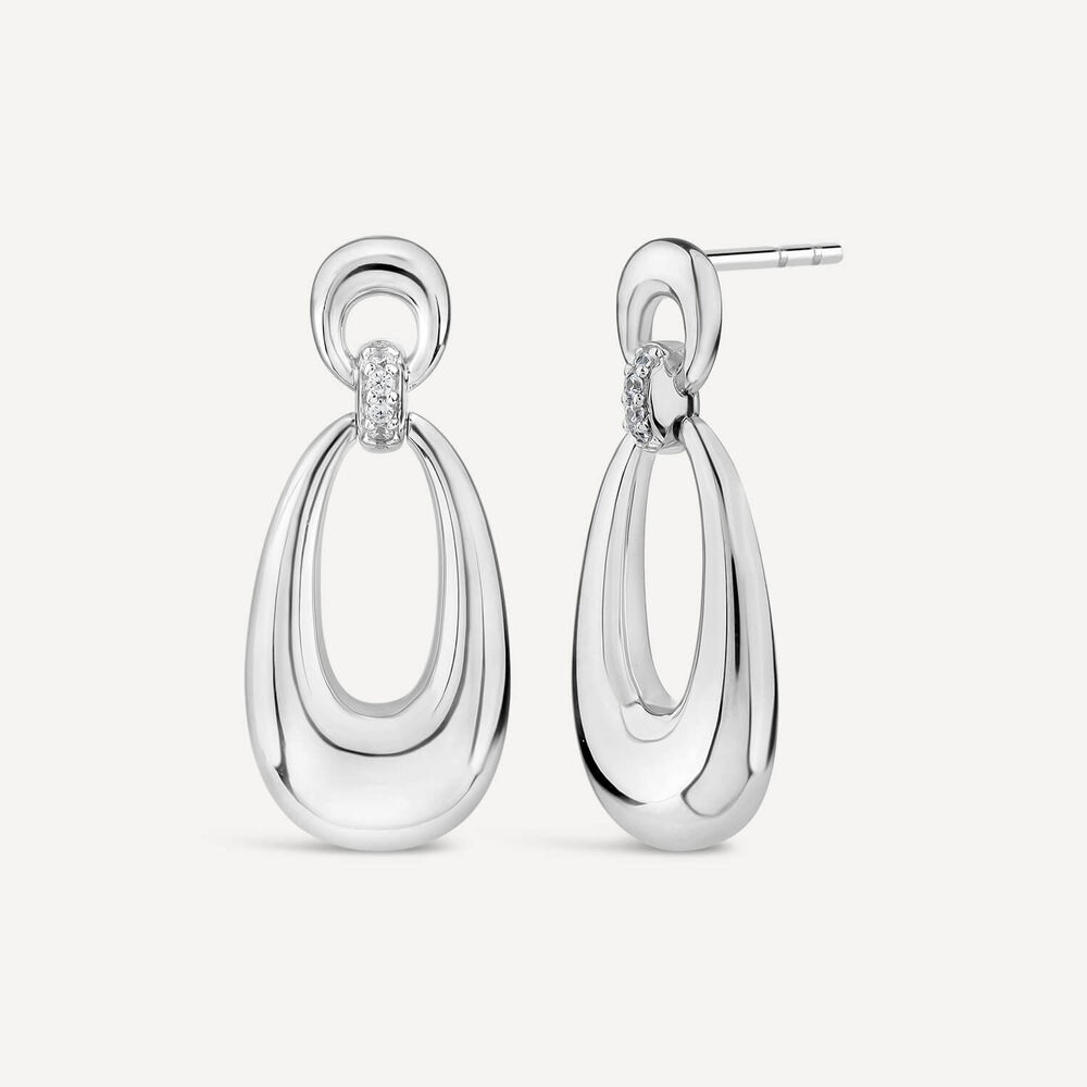Sterling Silver Cubic Zirconia Set Open Polished Oval Drop Earrings