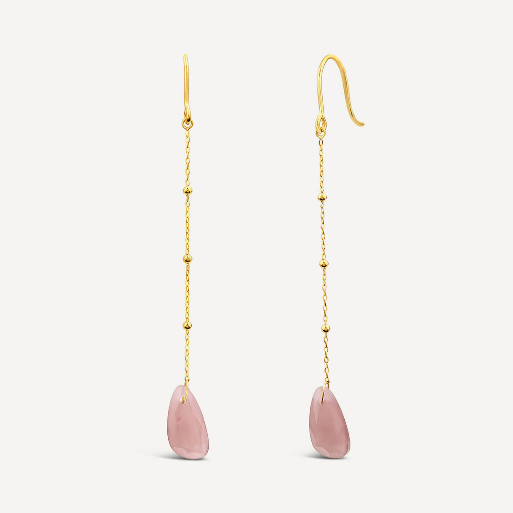 9ct Yellow Gold Bead Chain Peach Chalcedony Pebble Drop Earrings