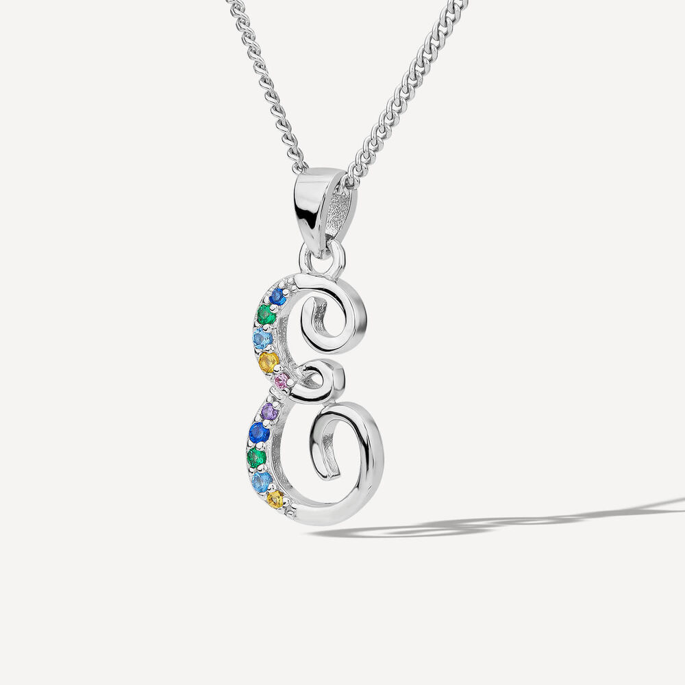 Sterling Silver Coloured Stone Set Initial "E" Pendant - Chain Included image number 1