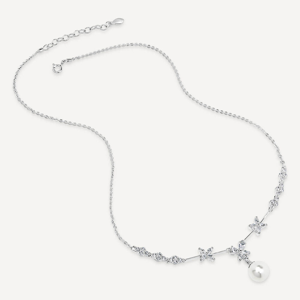 Sterling Silver Cubic Zirconia Flower and Cubic Zirconia Cluster Pearl Drop Necklet image number 2