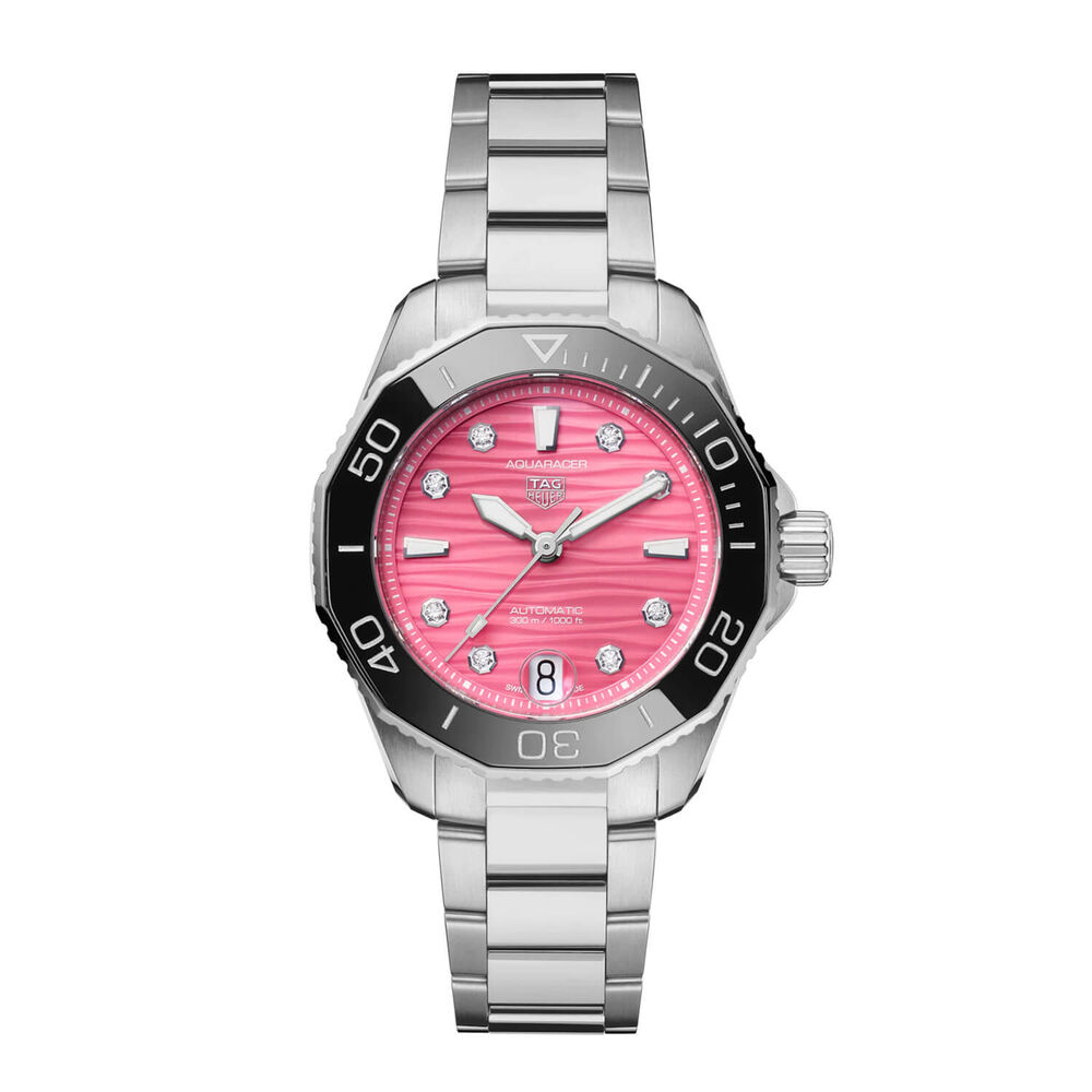 TAG  Heuer Aquaracer Professional 300 Date 36mm Pink Dial Diamond Dots Rubber Strap Watch image number 0