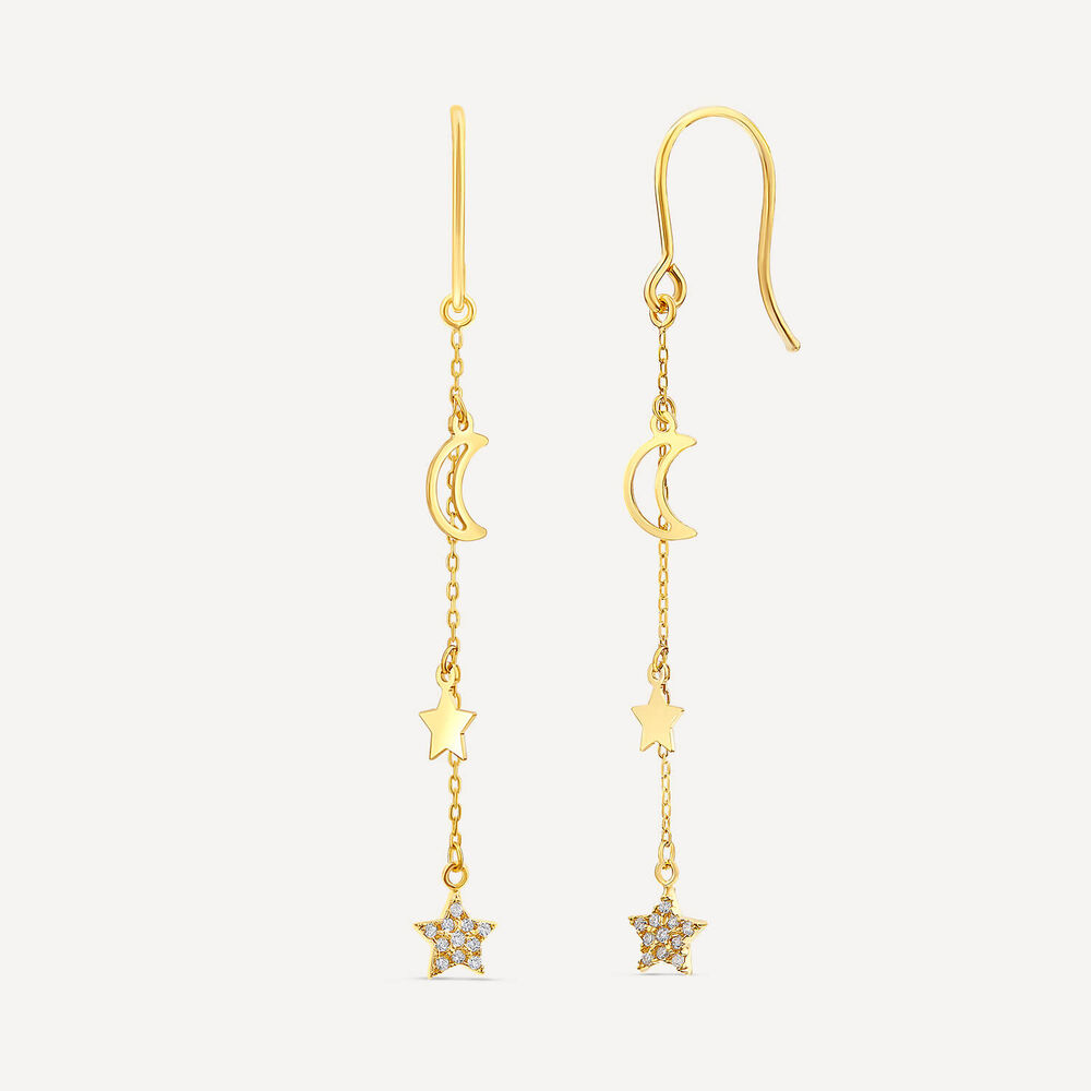 9ct Yellow Gold Polished & Cubic Zirconia Moon & Stars Drop Earrings image number 1