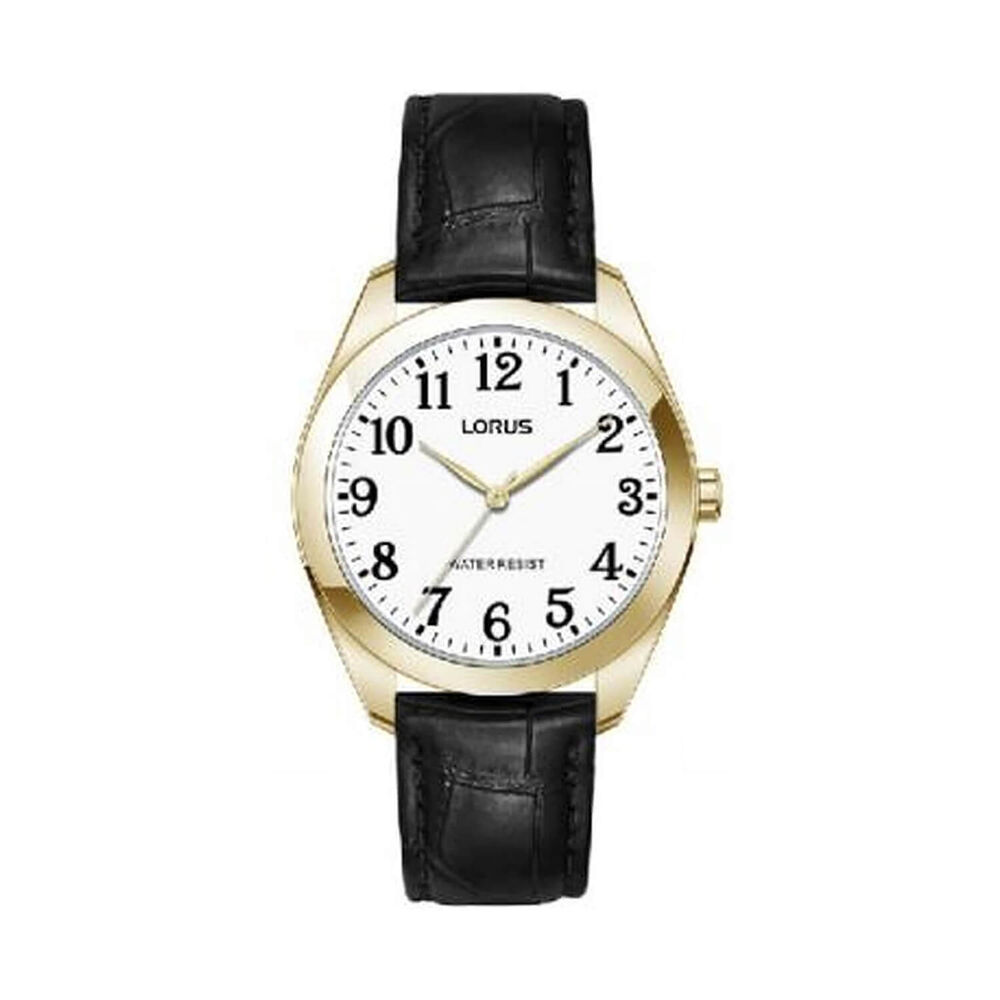 Lorus Quartz Ladies 30mm White Dial Gold Tone Case Black Leather Strap Watch image number 0