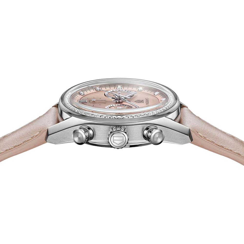 TAG Heuer Carrera Chronograph 39mm Pink Dial Diamond Dots Leather Strap Watch image number 2