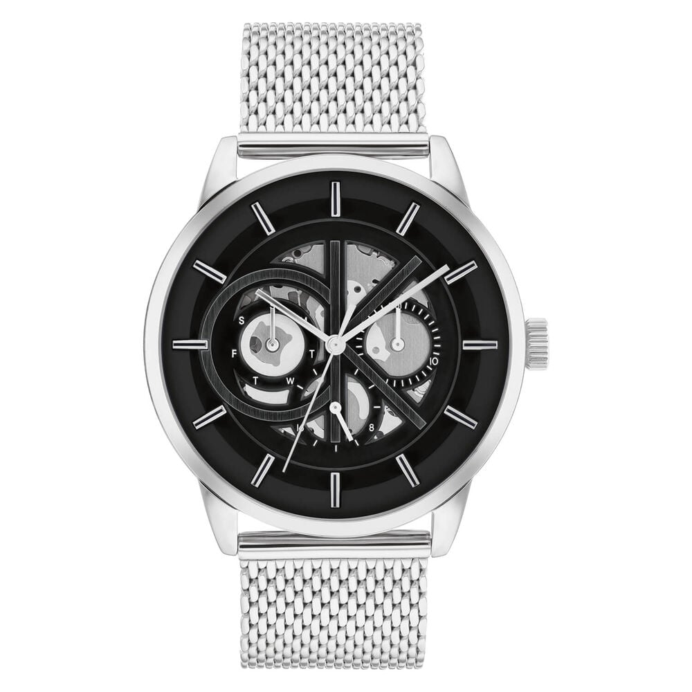 Calvin Klein Architectural 43mm Black Skeleton Dial Mesh Bracelet Watch