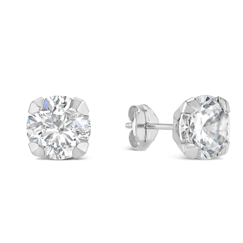9ct White Gold 7MM Four Claw Cubic Zirconia Stud Earrings image number 3