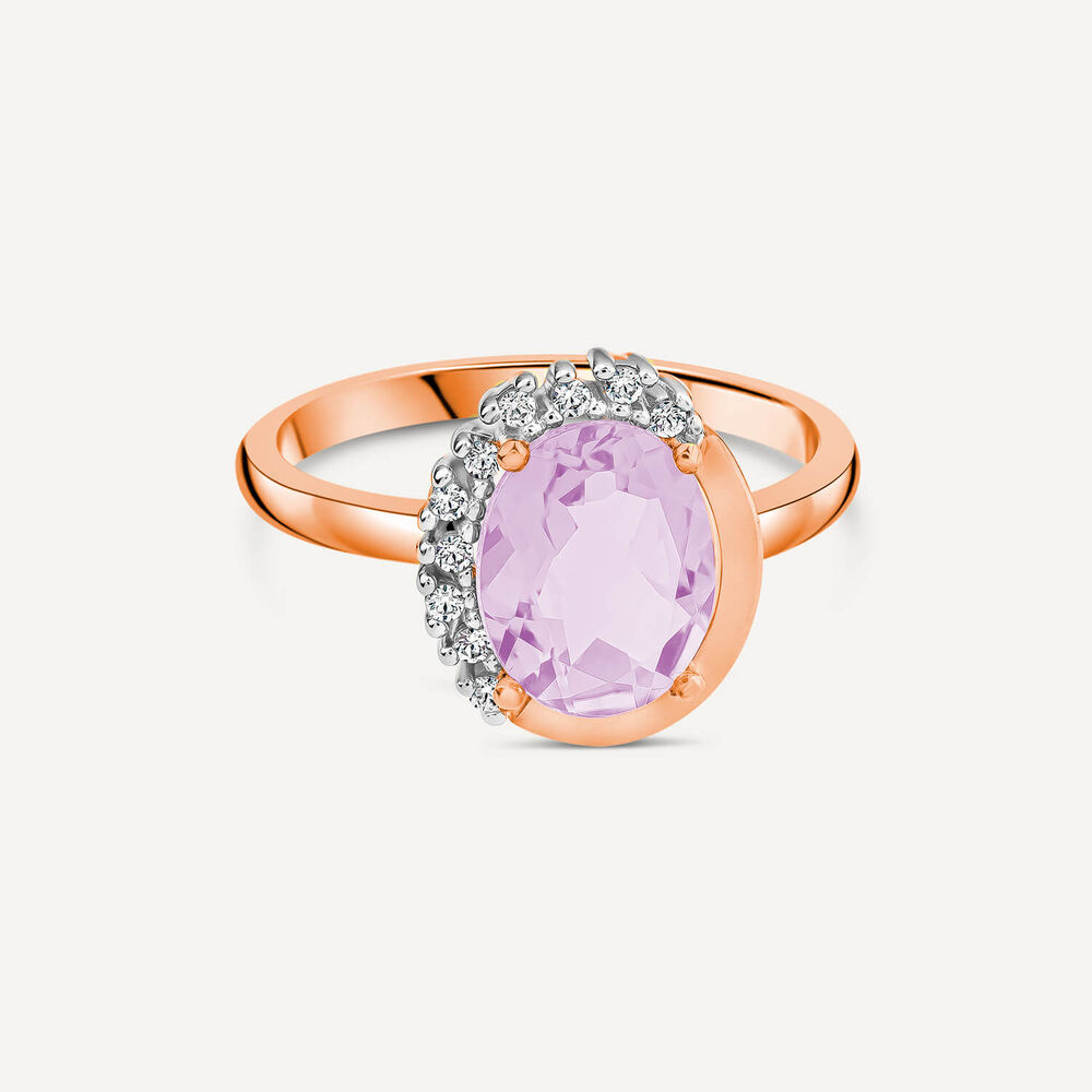 9ct Rose Gold Oval Amethyst & Half Set Diamond Surrounded Ring image number 2