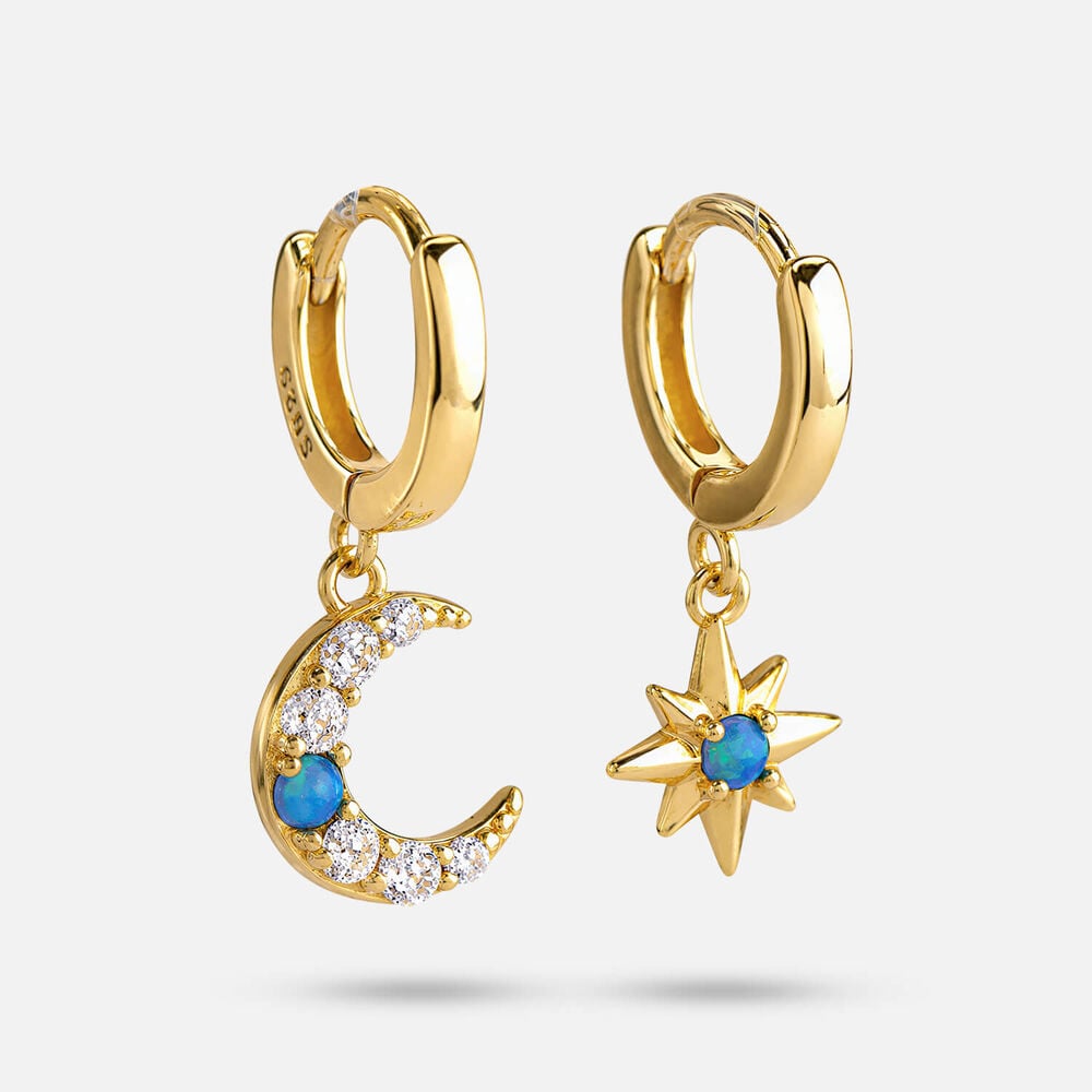 Yellow Gold Plated Sterling Silver Moon & Star Mixed Pair Drop Earrings