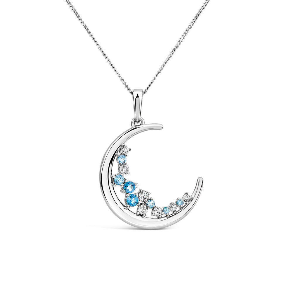 9ct White Gold Blue Topaz & Diamond Set Half Moon Pendant