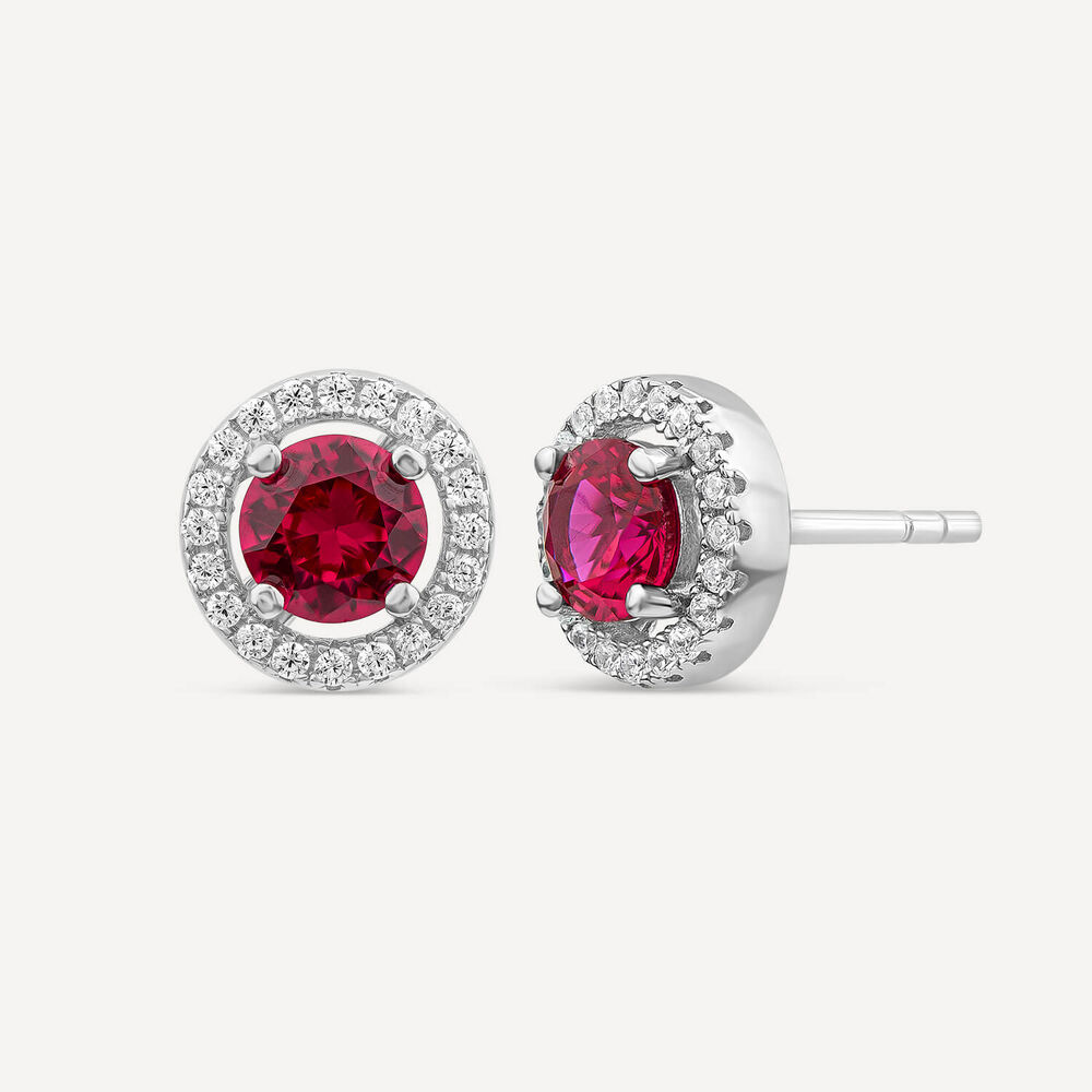 Sterling Silver Red Centre Stone & Cubic Zirconia Halo Stud Earrings image number 1