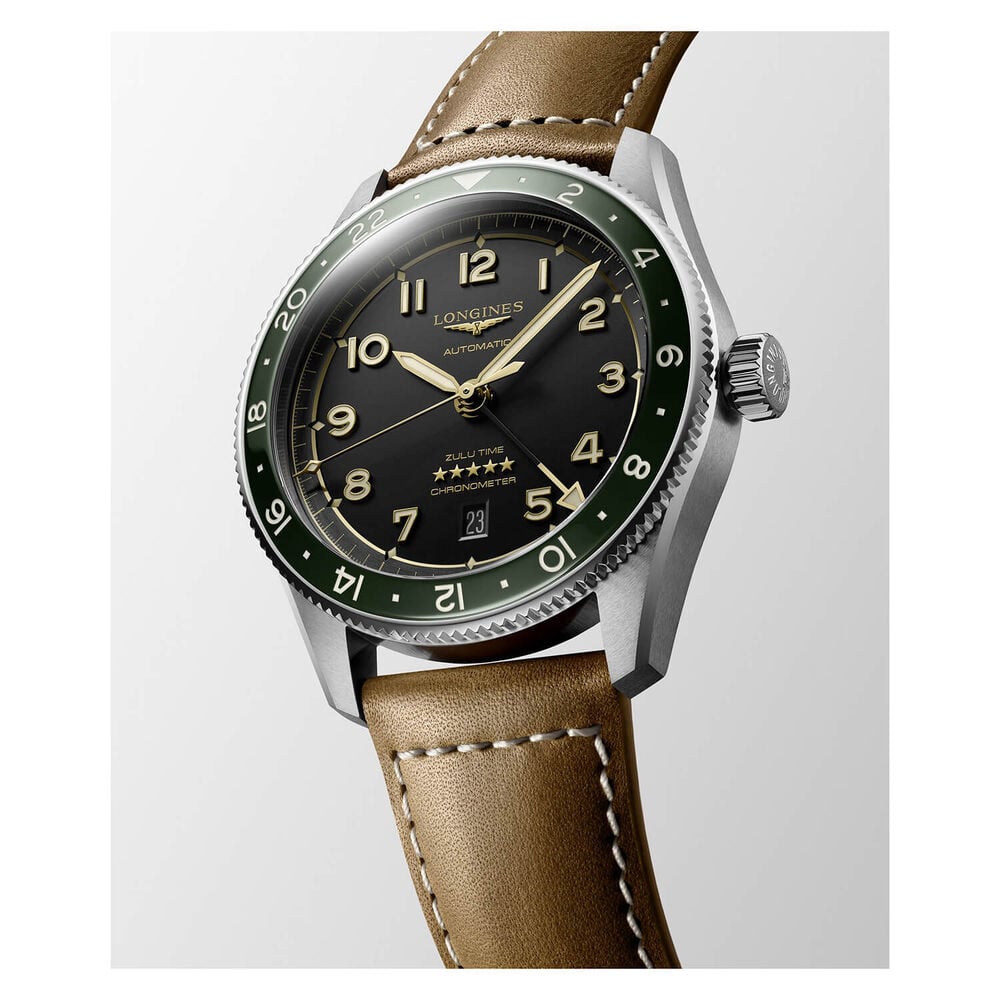 Longines Avigation Spirit Zulu 42mm Automatic Black Dial Green Bezel Brown Leather Strap Watch image number 2