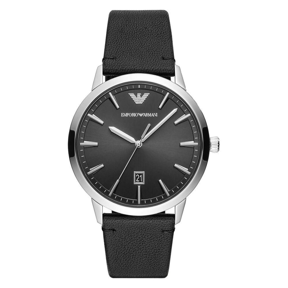 Emporio Armani Ruggero Black Dial Silver Details Black Leather Strap Watch image number 0