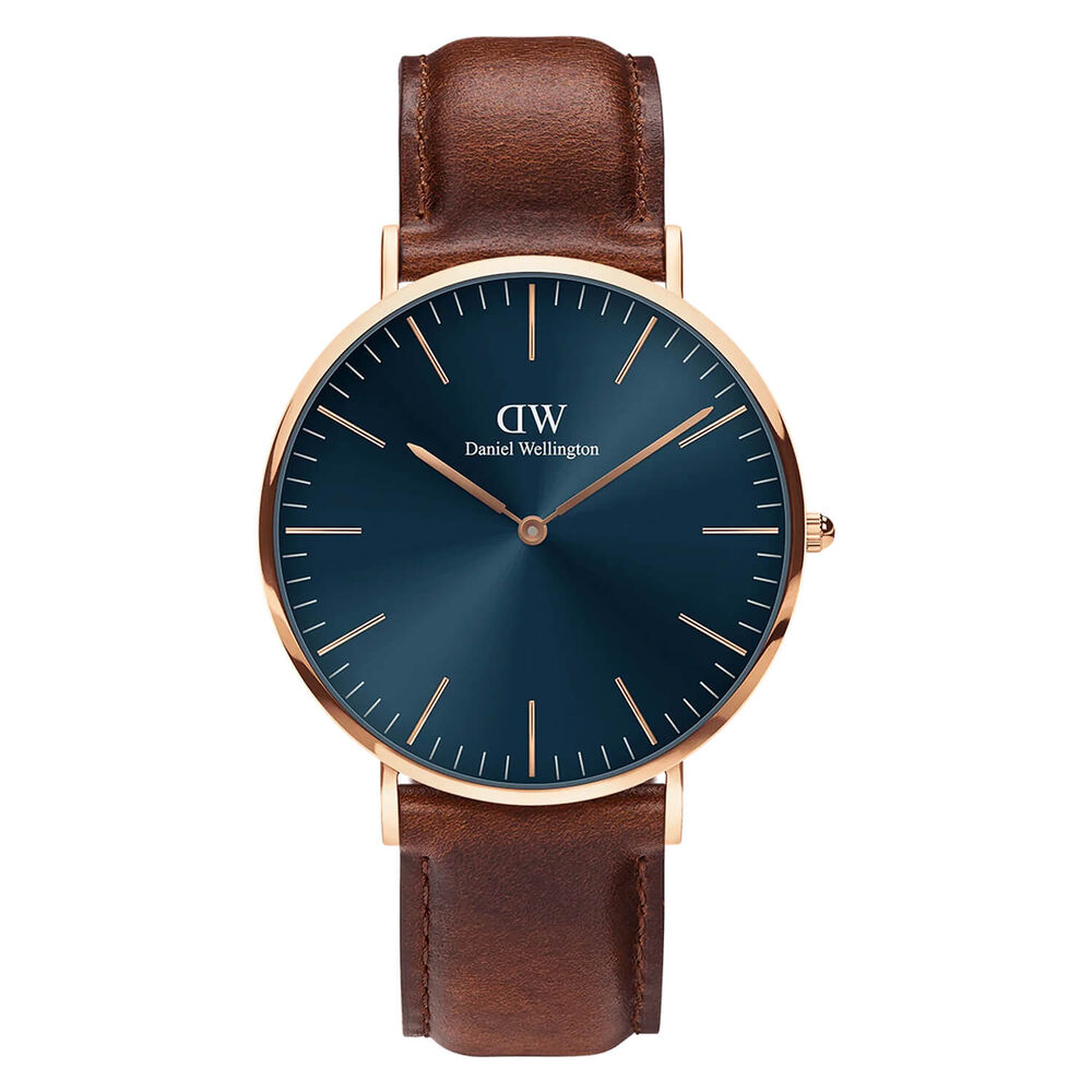 Daniel Wellington Classic St.Mawes 40mm Blue Dial Rose Gold Case Brown Strap Watch