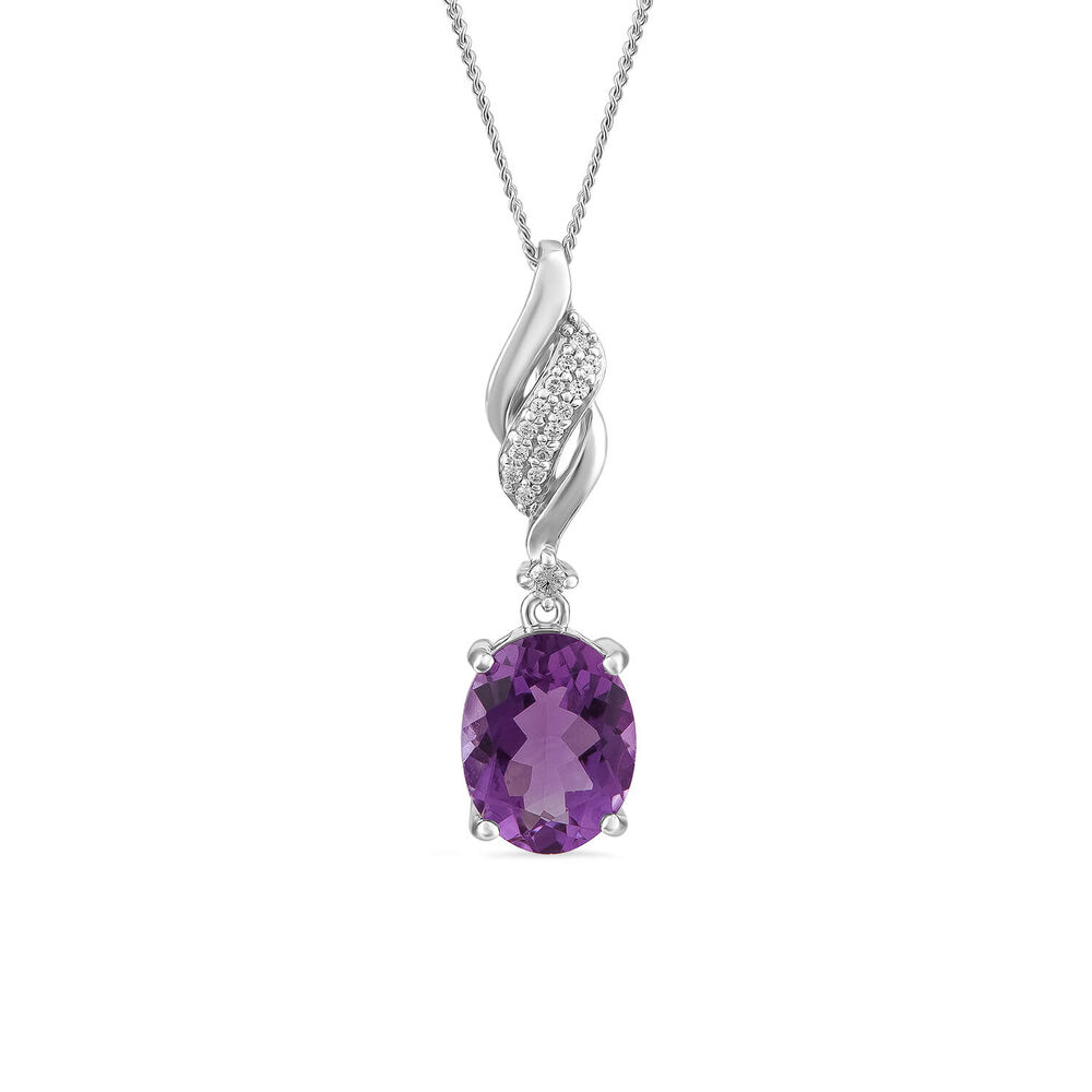 9ct White Gold Oval Amethyst with Diamond and Polished Twist Bale Pendant image number 0