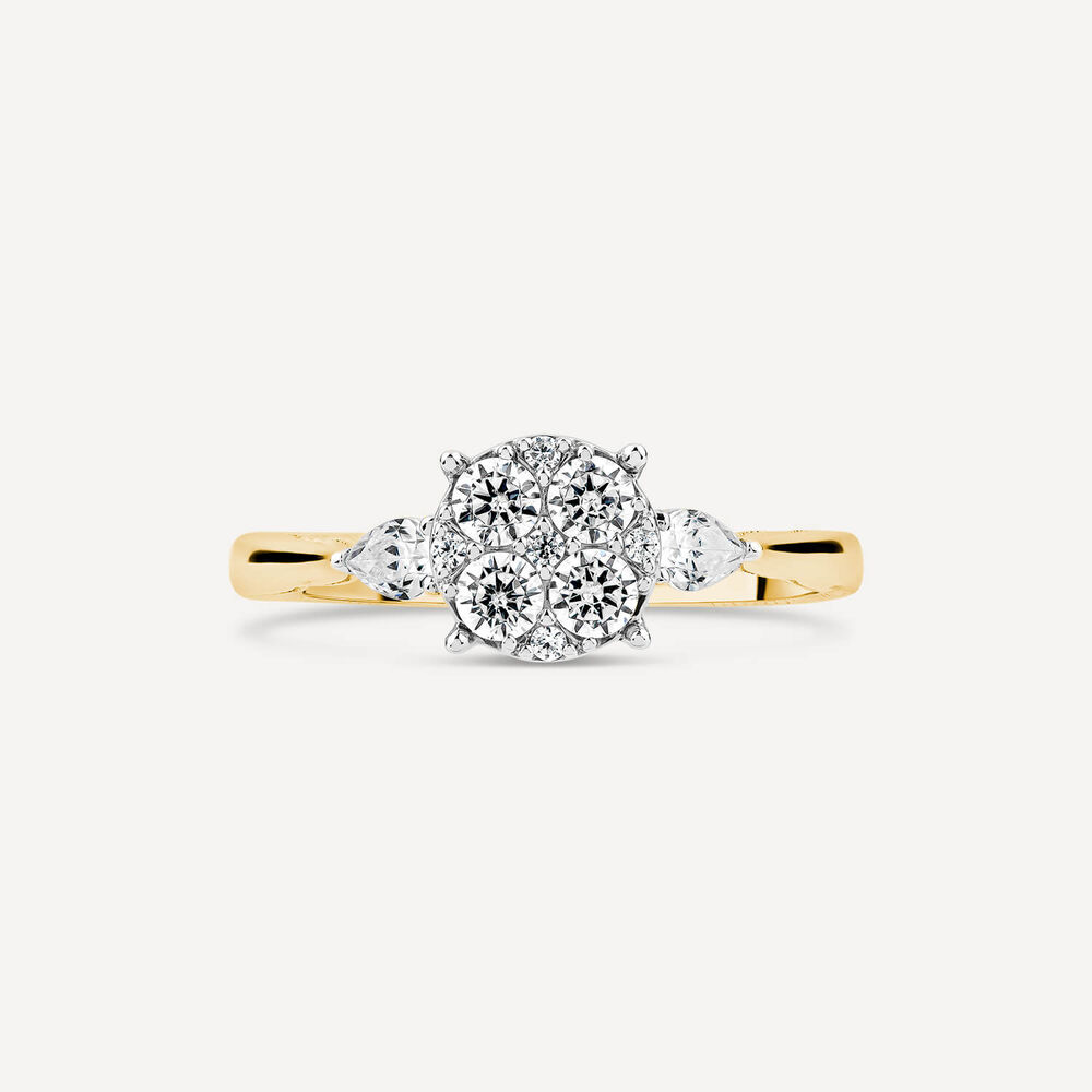Kathy De Stafford 18ct Yellow Gold 'Amira' 0.50ct Diamond Round Cluster Pear Shoulders Ring