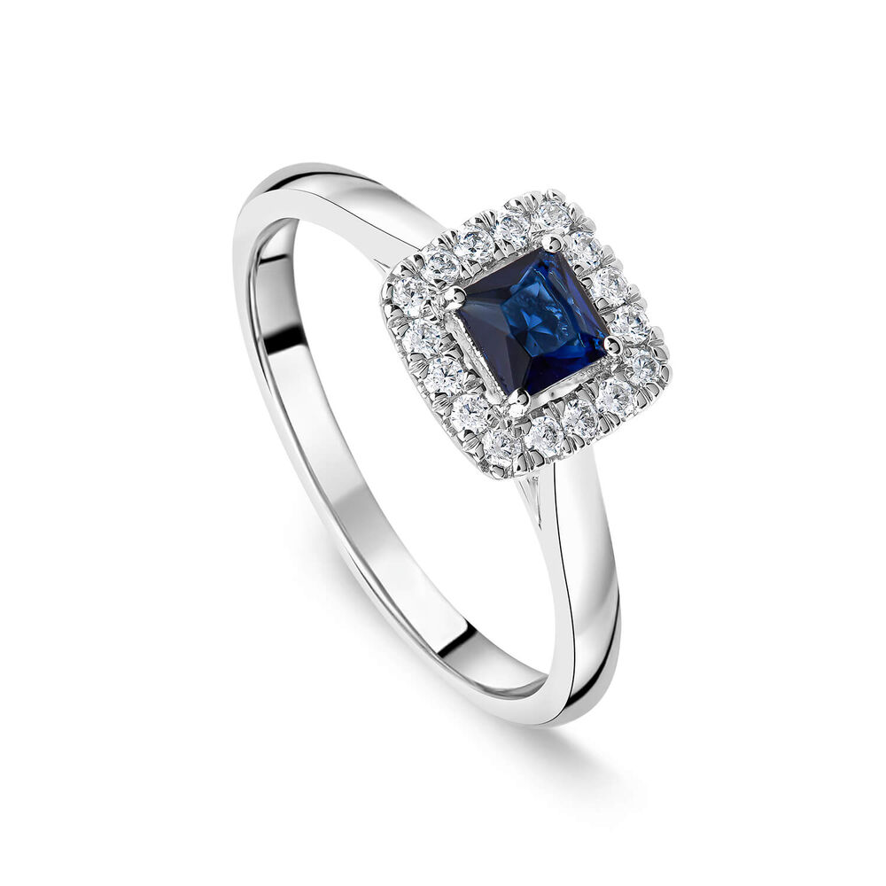 Tulip Setting 18ct White Gold Princess Sapphire & 0.15ct Diamond Halo Ring image number 0