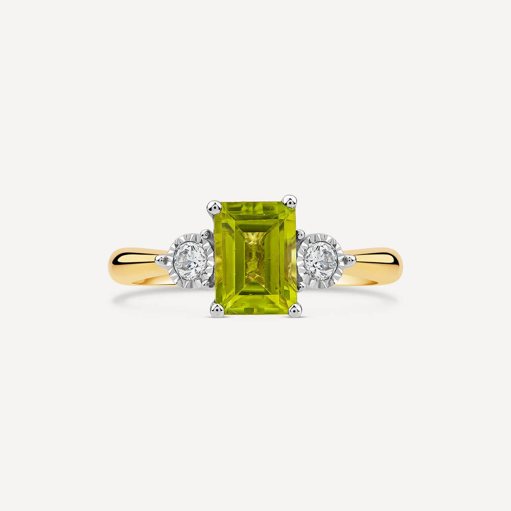 9ct Yellow Gold 3.34ct Emerald Cut Peridot and Diamond Art Deco Stud Earrings