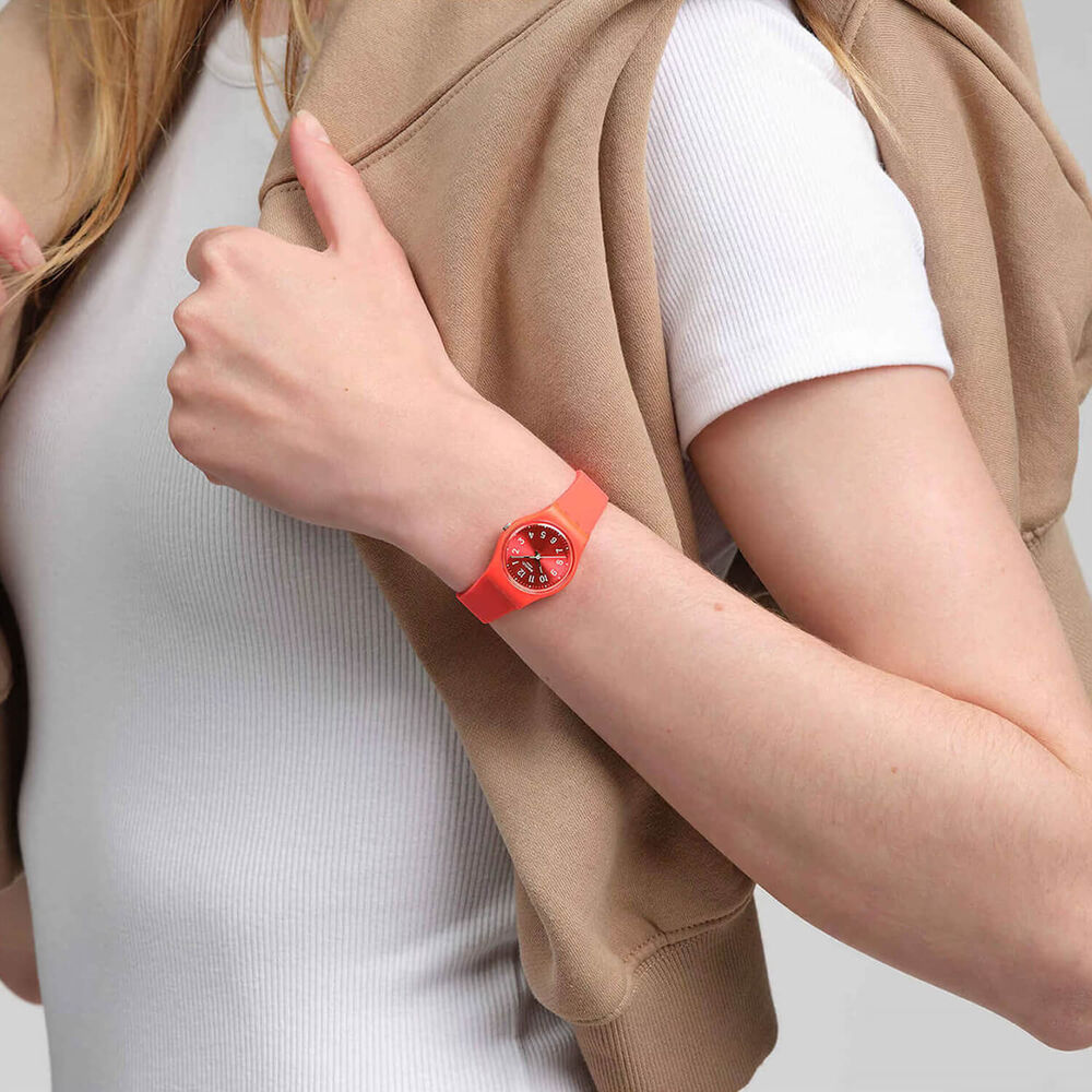 Swatch Notes Of Coral 25mm Red Dial Silicone Strap Watch image number 3