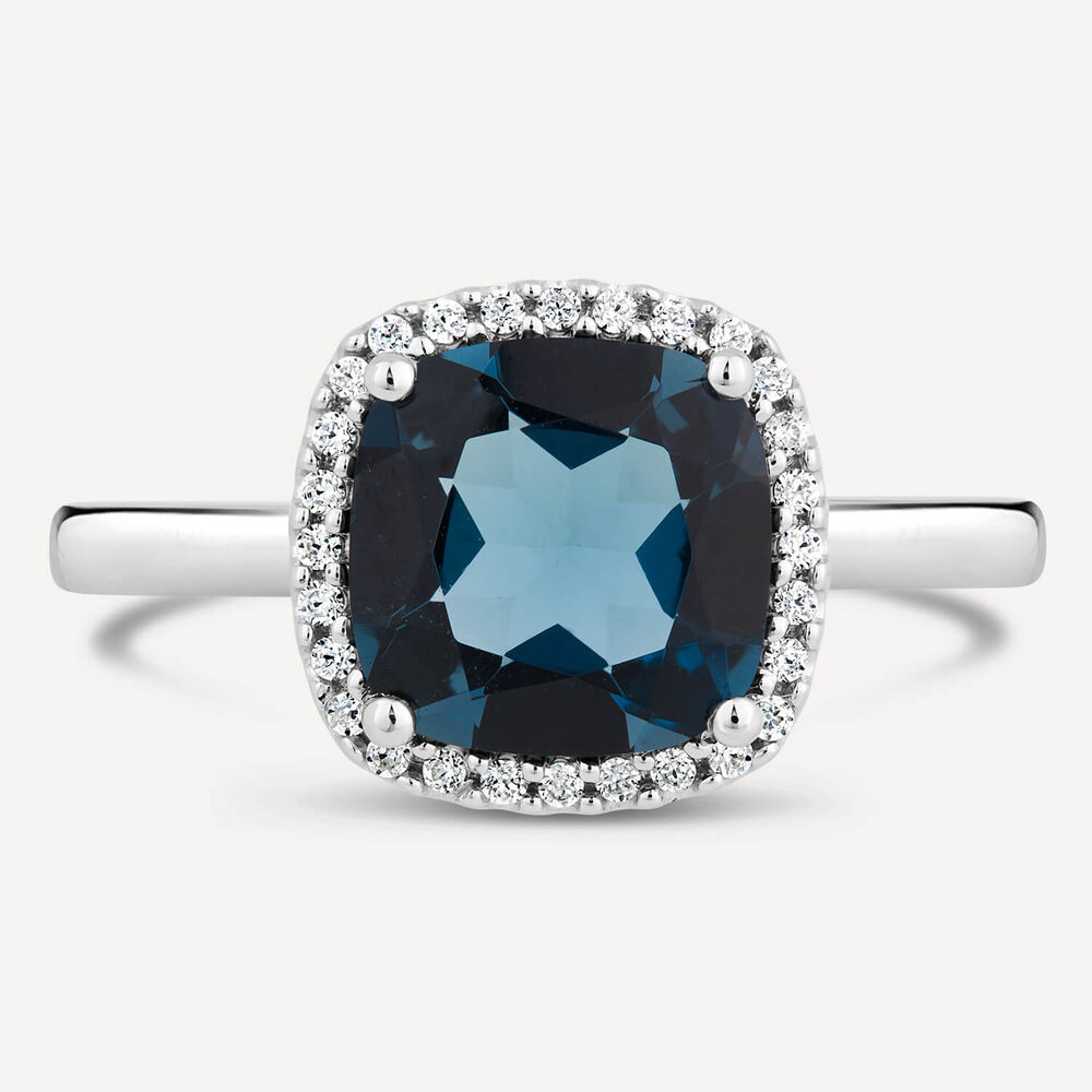 9ct White Gold Cushion London Blue Topaz Diamond Halo Ring image number 1