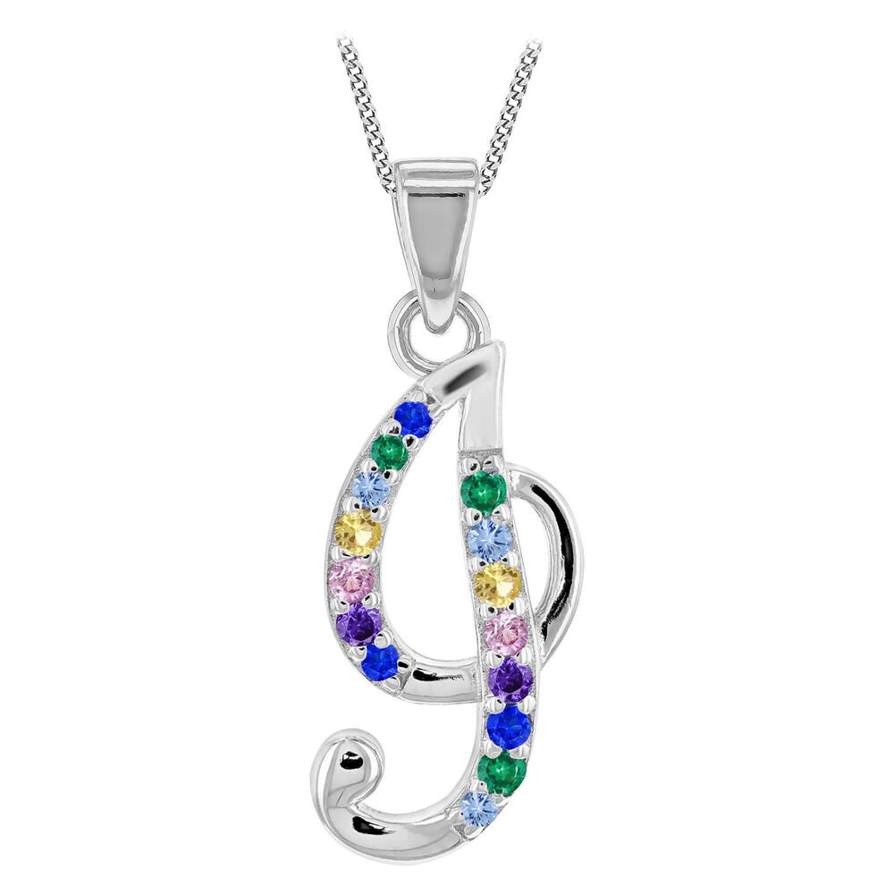 Sterling Silver Coloured Stone Set Initial "I" Pendant - Chain Included image number 0