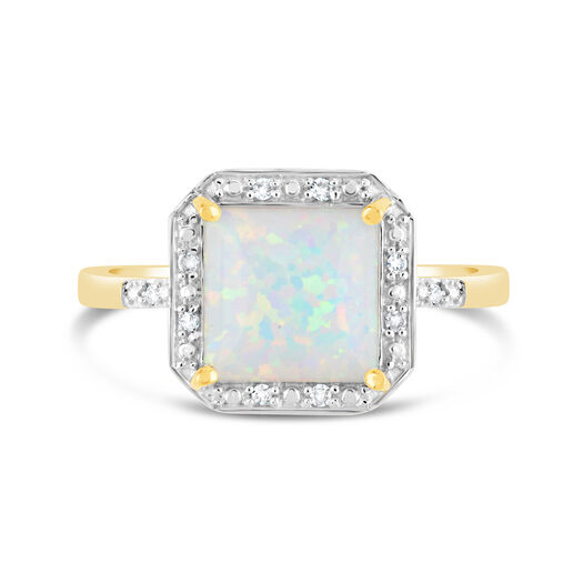9ct Yellow Gold 0.028ct Diamond and Square Opal Ring
