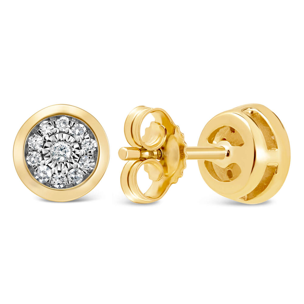 9ct Yellow Gold Illusion 0.10ct Diamond Set Rubover Cluster Stud Earrings image number 2