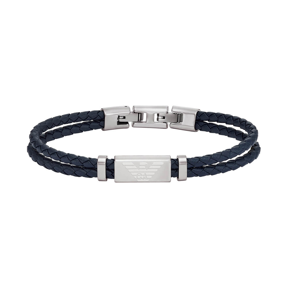 Emporio Armani Essentials Blue Leather Two Row Logo ID Bracelet