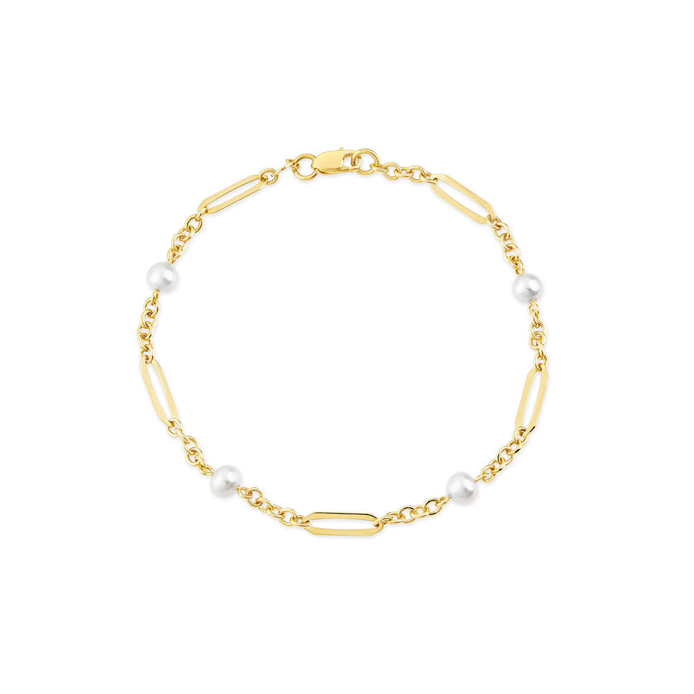 Yellow Gold Plated Sterling Silver Stationed Pearls Paperlink Bracelet