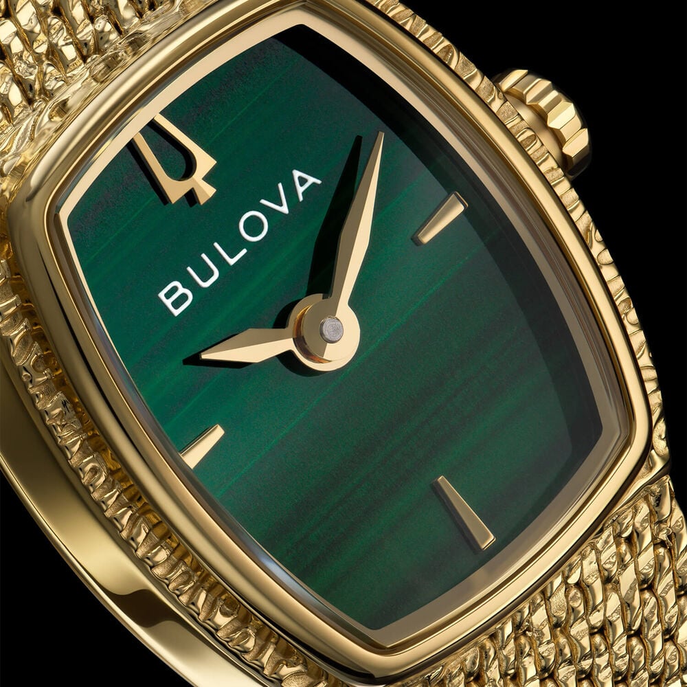 Bulova Goddess of Time 17mm Green Malachite Dial Gold Tone Steel Mesh Bracelet Watch image number 10