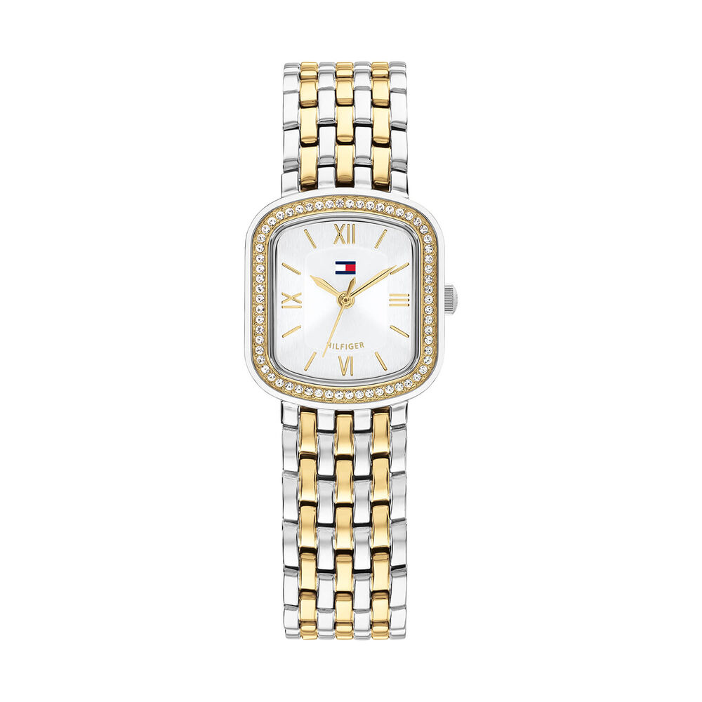 Tommy Hilfiger 24x22.5mm Silver Dial Crystal Bezel Two Tone Steel Bracelet Watch
