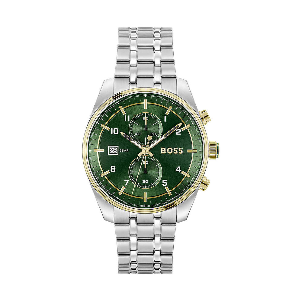 BOSS Skytraveller Chronograph 44mm Green Dial Gold Tone Bezel Steel Bracelet Watch