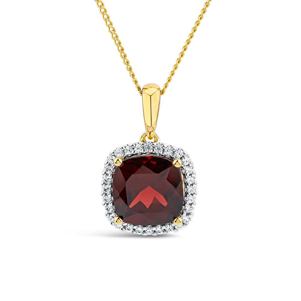 9ct Yellow Gold Cushion Garnet & 0.15ct Diamond Pendant
