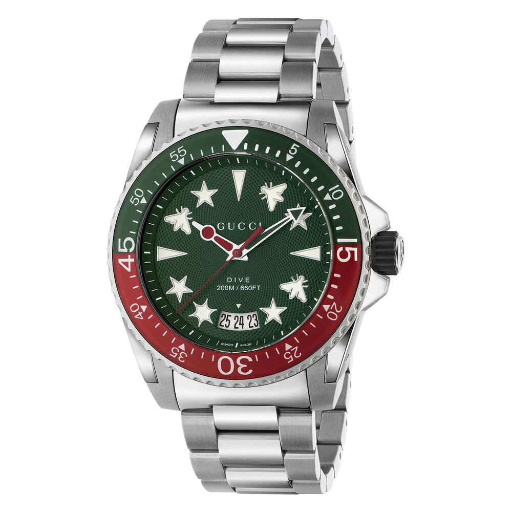 Gucci Dive 45mm Green Dial Multi Colour Steel Case Bracelet Watch