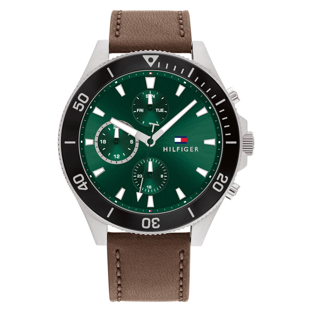 Tommy Hilfiger 46mm Stainless Steel Case Green Dial Brown Leather Strap Watch