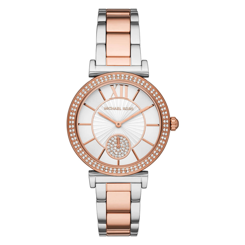 Michael Kors Abbey 36mm Mother of Pearl Dial Cubic Zirconia Set Bezel Rose Gold IP Steel Case Bracelet Watch